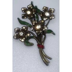 Staret vintage 1930s 1940s silver tone enamel clear rhinestones floral brooch
